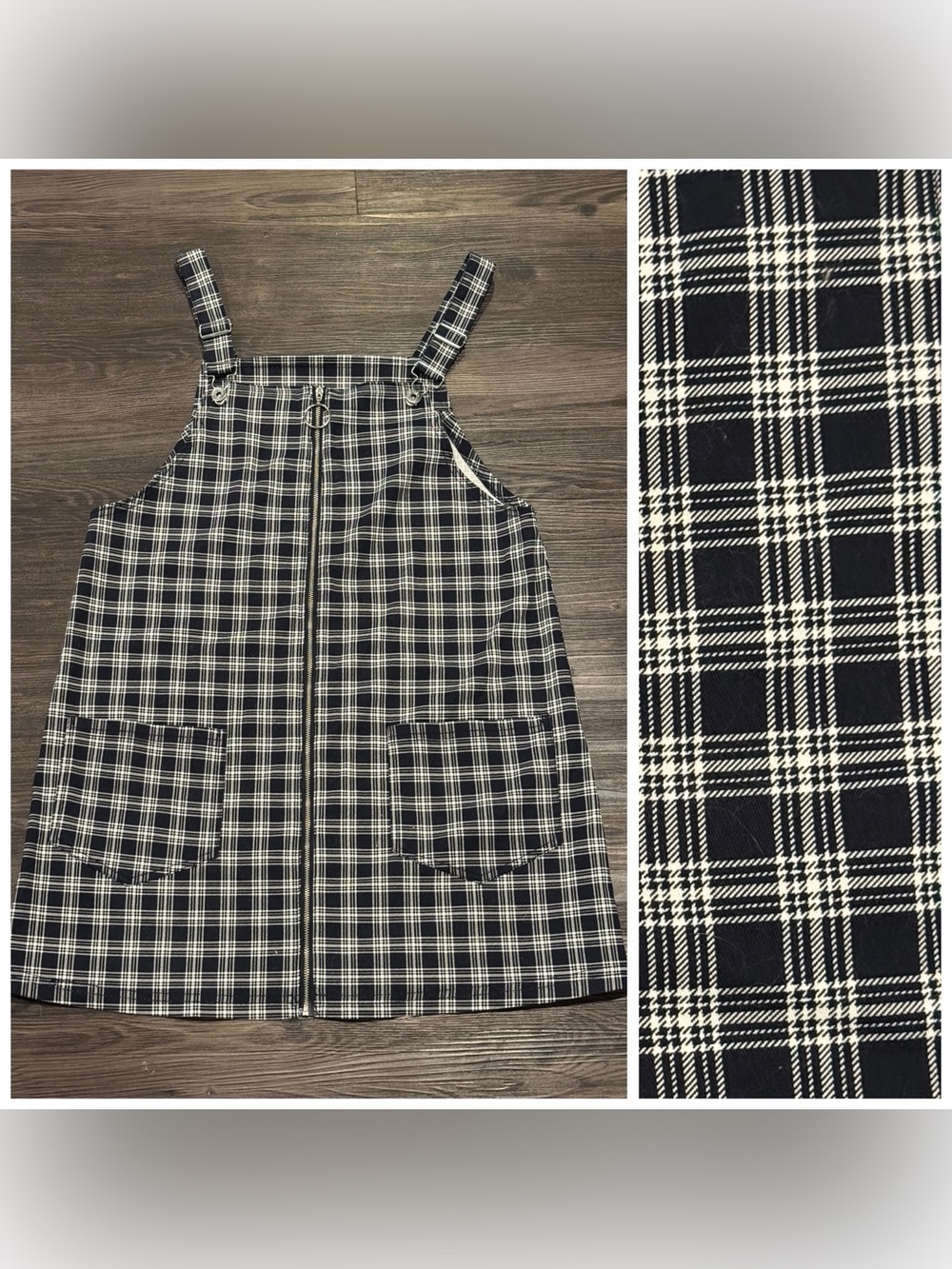 H&M DIVIDED Women’s Overall Jumper Dress Navy White Plaid Size 10
